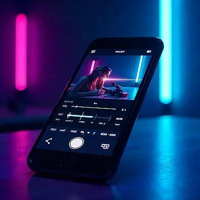 Download Alight Motion Mod APK (v5.0.272) Premium Unlocked 1 Smartphone screen showing video editing app with neon pink and blue lights in the background